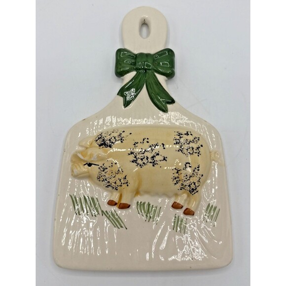 Country Kitchen Pig W/Bow Wall Hanging Trivet Decor Ceramic Painted 9.5” - Picture 1 of 12